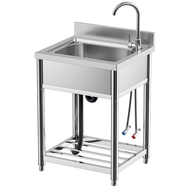 Free Standing Stainless-Steel Single Bowl Commercial Restaurant Kitchen Sink Set w/Faucet, Prep & Utility Washing Hand Basin w/Storage Shelve, laundry tub for Indoor Outdoor (22in)