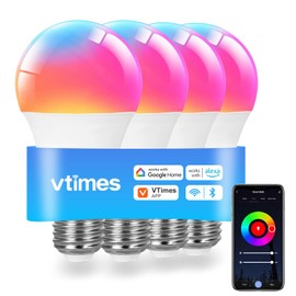 VTimes Smart Light Bulbs, WiFi & Bluetooth Light Bulb, Work with Alexa and Google Home, A19 E26 RGBCW LED Color Changing Light Bulb, 16 Million Colors, Dimmable 2700K-6500K, 9W, 800 Lumens 4 Pack