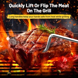 Fenteer BBQ Meat Turner Hook Stainless Steel Grill Accessories, Sturdy Barbecue Turner Hook Food Flipper Hook for Steak Meats Turning, 44cmx3.7cm