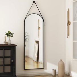 HARRITPURE 16"x48"Arched Mirror with Hanging Leather Strap Full Length Mirror Aluminum Frame Wall-Mounted Arch Mirror Hanging Mirrors for Bathroom Vanity Living Room Bedroom Entryway Decor