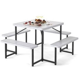 Giantex Picnic Table Bench Set for 4-8 People, 34" Outdoor Square Dining Table & 2 Benches w/Umbrella Hole, HDPE Tabletop, Metal Frame, Patio Camping Furniture for Backyard Porch Lawn (White,Square)
