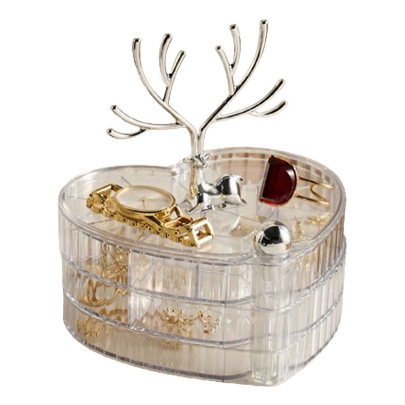 Rotating Jewelry Box with Lid Deer Antler Decoration 3 Layer
