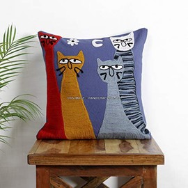 Ravaiyaa - Attitude is everything Classic Suzani Embroidery Pillow Cushion Cover Cotton Cushion Case Pillow Sham Sofa Car Decorative 16" X 16" Inch (Blue Cat Family)