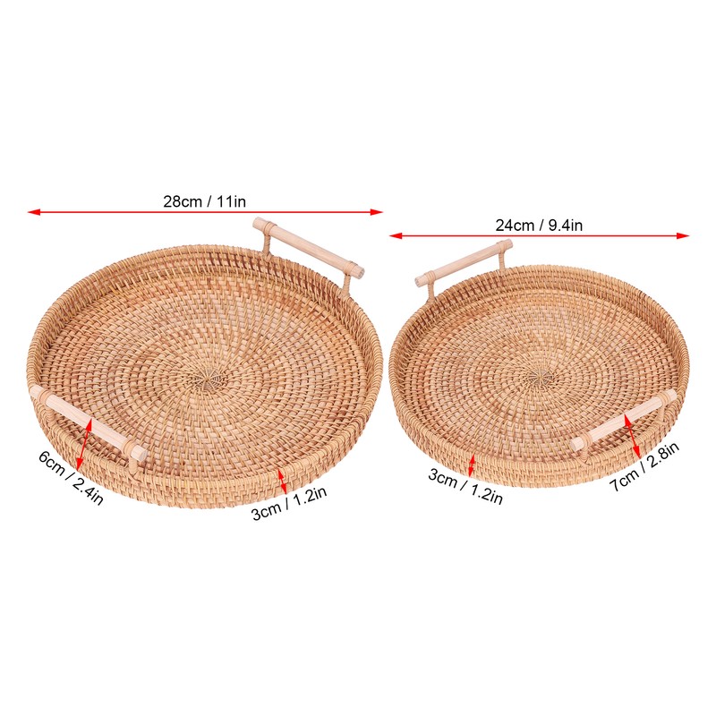 2PCS Hand Woven Rattan Tray Round Serving Tray Tea Fruit