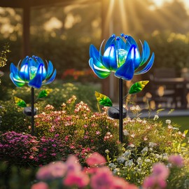 Solar Wind Spinner Lights Outdoor – Blue Lotus Flower with Cracked Glass Ball & Multi-Color LEDs, 40 Inch Metal Yard Art for Garden, Patio – Solar Powered, Weather-Resistant, Gift Ready (Blue)