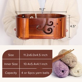 AIYUNDI Wooden Yarn Bowl for Knitting & Crocheting with 9 Crochet Hooks, Tangle-Free Yarn Storage Bowl, Smooth Finish Yarn Holder, Ideal Gift for Beginner Crocheters lovers(11.2"x6"x4.5")