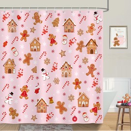 COZZSNUGE Christmas Gingerbread Man Shower Curtain, Pink Snowman Candy Cane House Winter Shower Curtain for Bathroom Waterproof Polyester Fabric with 12 Hooks, 72 x 72 Inches
