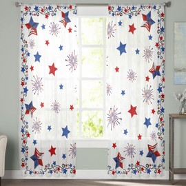 Lkicikik Sheer Curtains 63 inches Long 2 Panels Set 4th of July Patriotic Independence Day American Flag Star Sheer Window Curtain Rod Pocket Voile Drapes for Living Room/Bedroom, Each 52" W x 63" L
