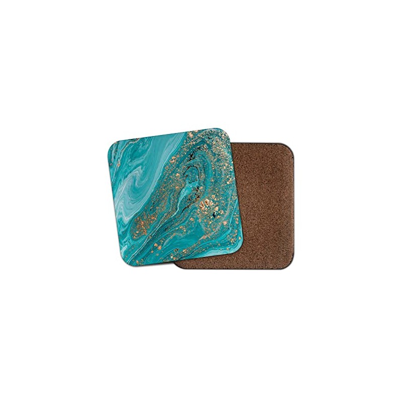 1 x Square Coaster - Turquoise Marble Gold Glitter Ooze