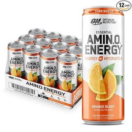Optimum Nutrition Amino Energy Sparkling Hydration Drink, Electrolytes, Caffeine, Amino Acids, BCAAs, Sugar Free, Berry Burst, Juicy Cherry, Orange Blast, Peach Bellini, Watermelon, 12 Fl Oz, 12 Pack - Flavor: Orange Blast