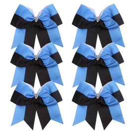 Cheerleader Bows 8 Inch Comb Color Ponytail Holder with Bling Fling Rhinestones Hair Tie Cheerleading Bows 6 Pcs (Columbia Blue/Black)
