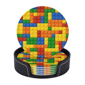 Novelty Blocks Colorful Coasters for Drinks Round Leather Coaster with Holder Set of 6 for Tabletop Protection Desk Accessories Office Home Room Decor