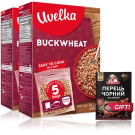 Uvelka Kasha Buckwheat BOIL IN BAG - 5x80Gr (14oz), Pack of 2, Organic Food + Ground Black Pepper for Free