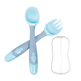 Baby Spoon Fork Set Grip and Bend Infant Spoon Fork Easy to Grip First Baby Feeding Tool Baby Food Training with Package Box (Green)