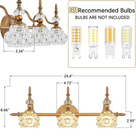 CAHOLIC Bathroom Vanity Lights, 3-Light Vintage Bathroom Light Fixtures Over Mirror, Matte Brushed Antique Brass Vanity Light with Crystal Glass Shade, Vanity Wall Light Fixture for Bathroom, G9 Base