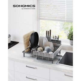 SONGMICS Large Dish Drying Rack, Expandable Dish Dryer for Kitchen Counter, Stainless Steel Dish Rack with Rotatable Spout, Utensil, Cup, Glass, Cutting Board, Pan Holders, Silver and Gray UKCS037G01