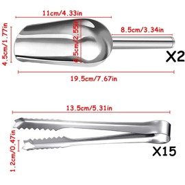2 Stücke Eisschaufel und 15 Stücke Eiszange Edelstahl Grillzange, Edelstahl Zuckerzange Set, Süßigkeiten Zange, Küchenzange für Hochzeit Geburtstage Party Büfett Grill