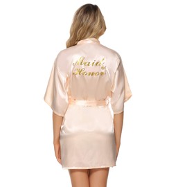 Vlazom - Albornoces cortos de satén para mujer para novia y dama de honor, batas de boda con purpurina dorada o diamantes de imitación, Champagne (Maid of Honor), L
