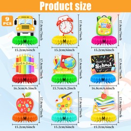 9 Pieces Back to School Honeycomb Centerpieces – Colorful School Apple School Bus Backpack Chalkboard Table Decorations for Classroom First Day of School Party Supplies