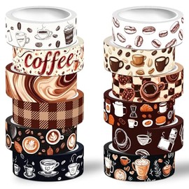 Juego de 12 rollos de cinta Washi, cinta decorativa con temática de café, clásico, acuarela, café, café, cafeína, para suministros de diario, diario basura, álbumes de recortes,