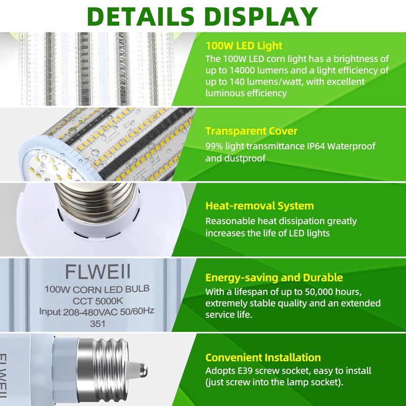 FLWEII LED Corn Light Bulb, 208-480V 100W E39 Mogul Base