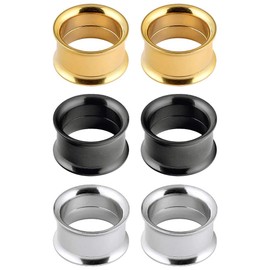 Longbeauty Set of 6 / 3 Colours Stainless Steel Flesh Tunnel Set Screw Cap Ear Expander Ear Plugs, Stainless Steel