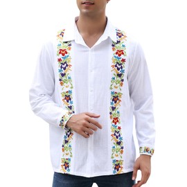 Vackutliv Mexican Shirts for Men Guayabera para Cinco De Mayo Fiesta Traditional Embroidered Collared Button Up Long Sleeve Hombre Camisas Dress Shirts Style Outfit Bloom White