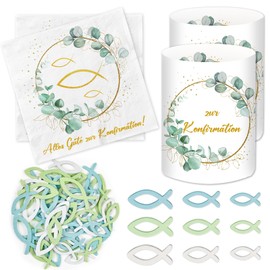 Pack of 20 Confirmation Napkins + 12 Lantern Table Decorations + 60 Wooden Fish Confetti Decoration Boys Girls Eucalyptus Green Party Gifts Table Decoration Wooden Fish Decoration