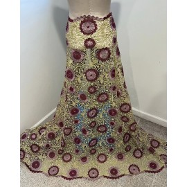 wowfabric4less123 GOLD PINK BURGUNDY Rhinestone Beads Lace Fabric 50” Width Sold By Yard