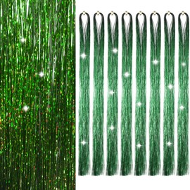 Hair Tinsel 8 Packs 1600 Strands 50 Inch Tinsel Hair Extensions Grass Green Heat Resistant Glitter Sparkling Shinny Fairy Hair Accessories for Women(Grass Green, 50Inch)