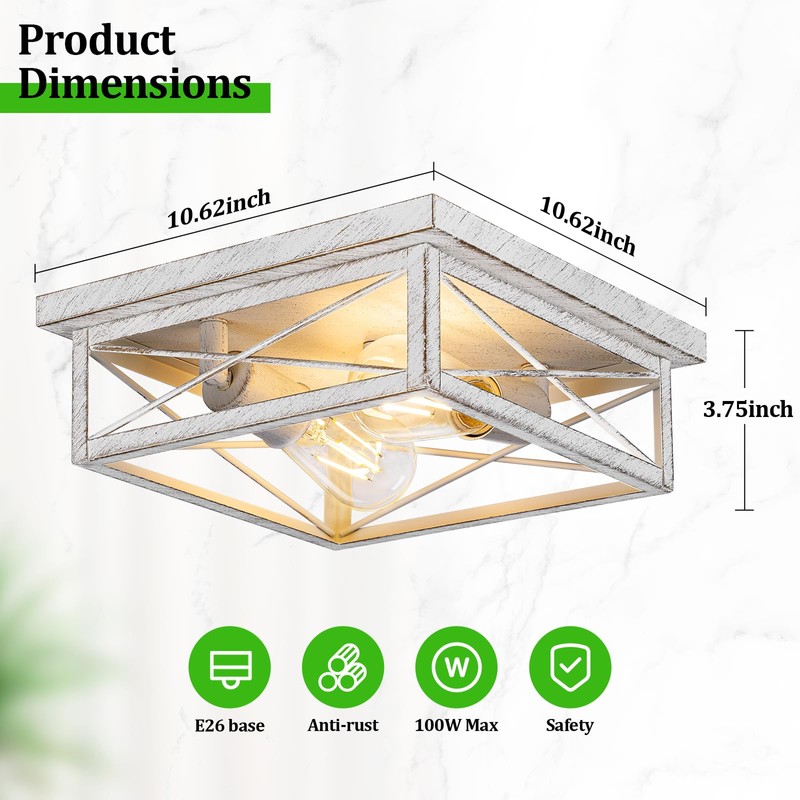 White Hallway Light Fixtures for Ceiling, 2-Light Farmhouse Industrial Flush