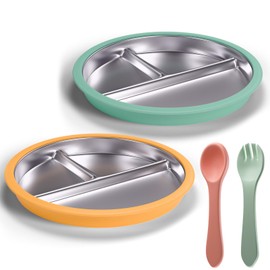 Maccvk Stainless Steel Toddler Plate with Suction, 9” Divided Plates with Removable Silicone Sleeves for Kids, Non Toxic & BPA Free | Non Slip | Unbreakable Baby Snack Dishes Set of 2, Green & Orange