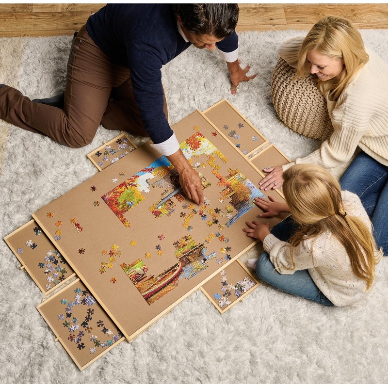 Rotating Wooden Puzzle Board for with 6 Storage Drawers &