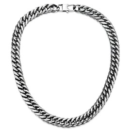 COOLSTEELANDBEYOND Steel Silver Black Curb Chain Necklace, Miami Cuban Chain Necklace for Man, 11mm Wide 18 Inch Long（CA）