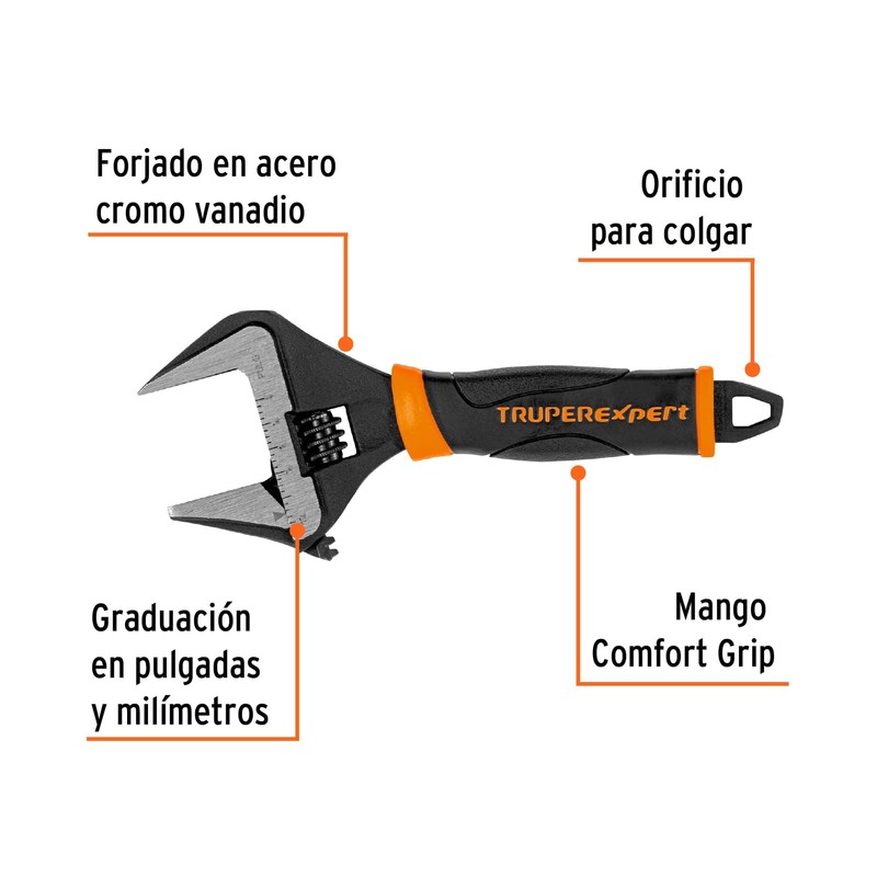 Truper Expert PET-6XA Llave ajustable (perico) 6" boca ancha Comfort