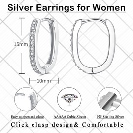 Josfeva 925 Sterling Silver Oval Hoop Earrings with AAAAA Cubic Zirconia, Silver Hoop Earrings for Women, U-Shaped Geometric Hoop Earrings, Hypoallergenic Minimalist Sleeping Cartilage Silver Earrings