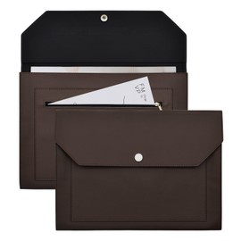 VANRA 1 Piece PU Leather Expanding File Folder Organizer Document Holder with Snap Button Zippered Pocket, Portfolio Envelope Folder Case for A4 Letter Size Paper (Dark Brown)