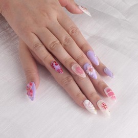 MZCMSL Handmade Nail Tips, Medium, Long, Almond, Purple White, Pink Gold, Fake Nails, 3D Flowers, Japanese Pattern, Design, Stylish, Fake Nails, 10 Pieces, XS