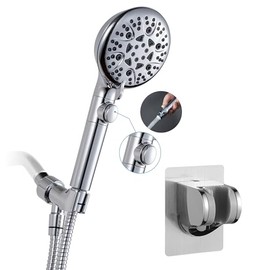 Handheld Shower Head with ON/OFF Switch,Detachable 8 Mode High Pressure Shower Wand with Long Hose and Bracket PLUS Extra Adhesive Holder for Lower Mount,Built-in Power Wash to Clean Tub,Silve