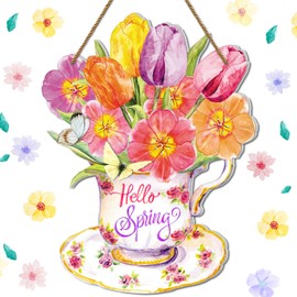 HEYINSHEN Hello Spring Door Decoration Colorful Tulip Flowers Spring Sign for Front Door Spring Door Hanger Decorations Watercolor Welcome Spring Wreath Sign for Home Wall Porch Indoor Outdoor Decor