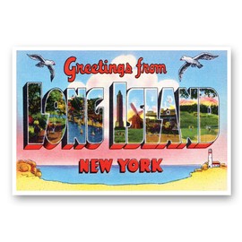 GREETINGS FROM LONG ISLAND, NY vintage reprint postcard set of 20 identical postcards. Large Letter Long Island, New York city name post card pack (ca. 1930's-1940's). Made in USA.
