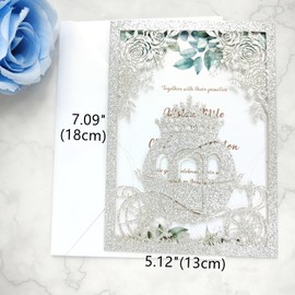 JOACHUUY 20PCS Princess Carriage quinceanera invitations,15 year,sweet 16 invitations,1 birthday invitations,laser cut invitations for birthday and more (silver)