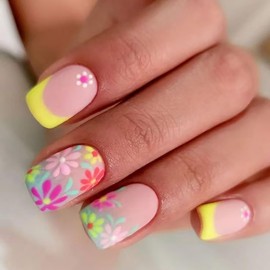 24Pcs Flower Press on Nails Short Square Fake Nails Colorful Cute Floral Designs Matte Full Cover Glue on Nail Spring Summer Artificial Nails Yellow French Tip False Nails for Women Girls Acrylic Nail