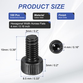 PATIKIL 100 Pcs M5 x 10 mm Hex Socket Head Cap Screws Bolts, 12.9 Grade Carbon Steel Socket Drive Screws, Black Oxide, Full Threads
