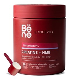 Creatina + HMB Suplemento Alimenticio 300g - Creatina Monohidratada 5g, HMB-Calcio 3g con Vitaminas - Polvo Sabor Limón Línea Longevity TIME MOTION - 30 Porciones