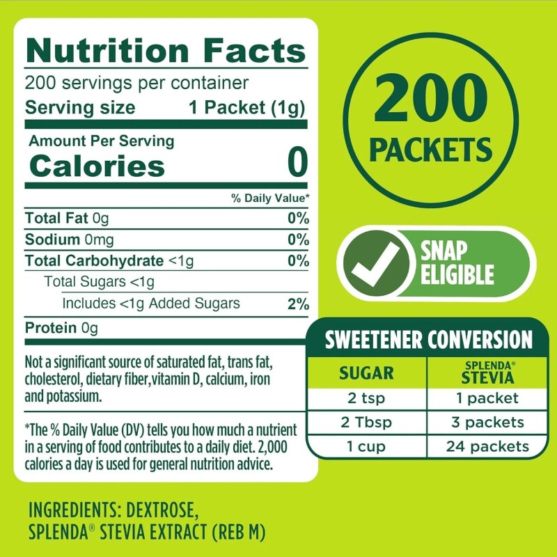 SPLENDA Stevia Zero Calorie Sweetener, Sugar Substitute Packets, 200 Count