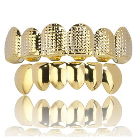 Saint Design 14k Real Gold Plated Hip Hop Top and Bottom Teeth Grillz Set High Polished Rapper Vampire Fangs Grills (008)