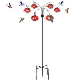 Wind Chimes Hummingbird Feeders for Outdoors Hanging(6 Feeding Stations) Hand Blow Glass Hummingbird Feeder with Shepherd Hook,Never Leak,Garden Decor for Outside(Phoenix Tail Red)