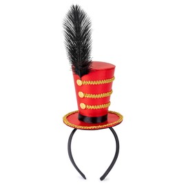 Dress Up America Ringmaster Hat for Girls – Mini Red Top Hat Headband with Feather & Gold Accents – Circus Costume Accessory