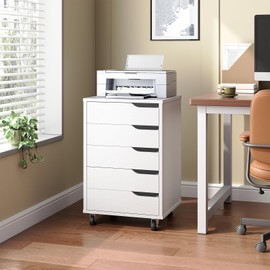 HOOBRO 5-Drawer File Cabinet, Under Desk Mobile Filing Cabinet with Wheels, Rolling Office Storage Cabinet, Wooden Printer Stand, for Home Office, Living Room, White WT15WJ01